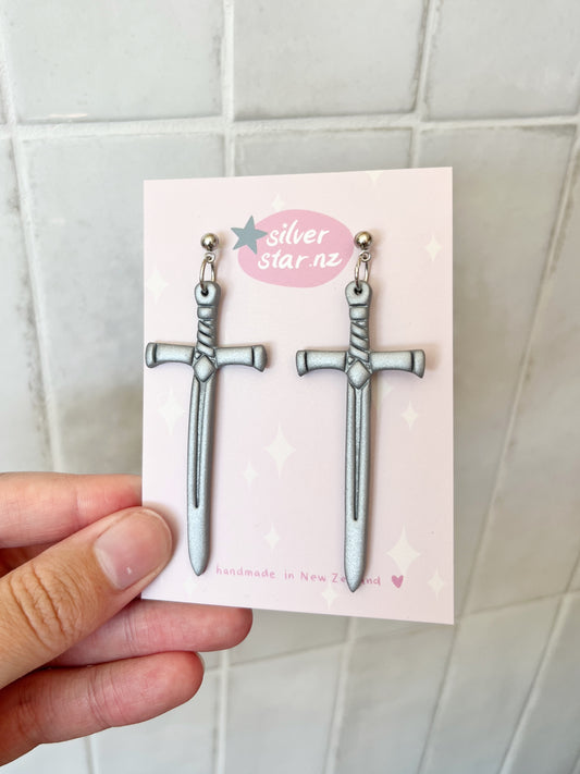 Long Silver Sword Polymer Clay Earrings