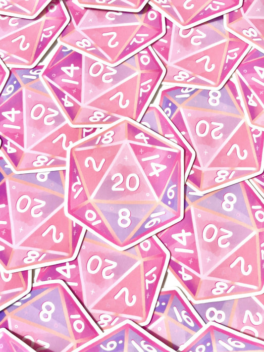 The D20 Sticker from silverstar.nz, part of the Dungeons and Dragons collection, showcases a design of overlapping pink and purple twenty-sided dice featuring white numbers, with several dice prominently highlighting the number 20. These glossy stickers have a magical allure with a starry theme and are crafted from waterproof vinyl, making them an ideal addition to any sticker assortment.
