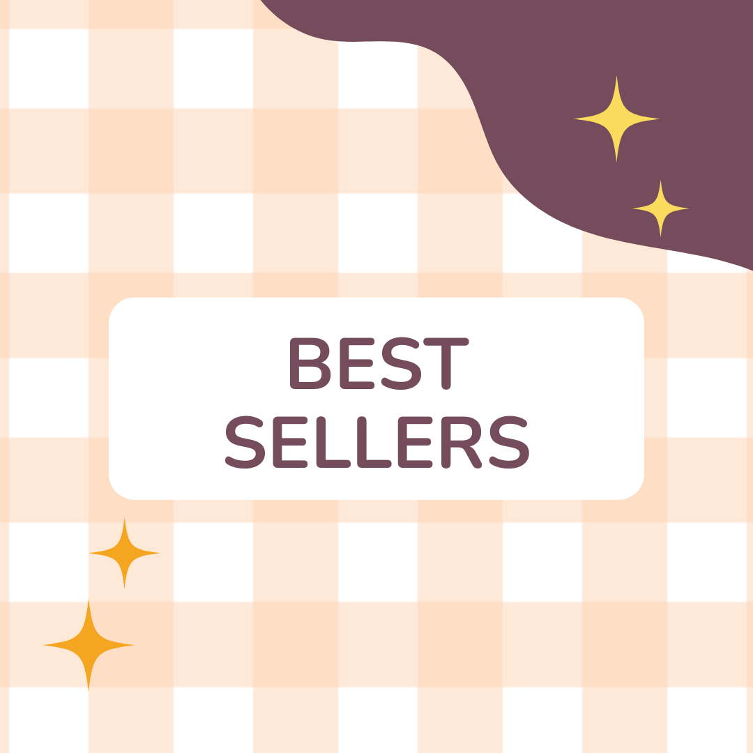 A graphic with a beige checkered background, purple curved corner, yellow star accents, and a white box in the center displaying the text BEST SELLERS in bold purple letters.