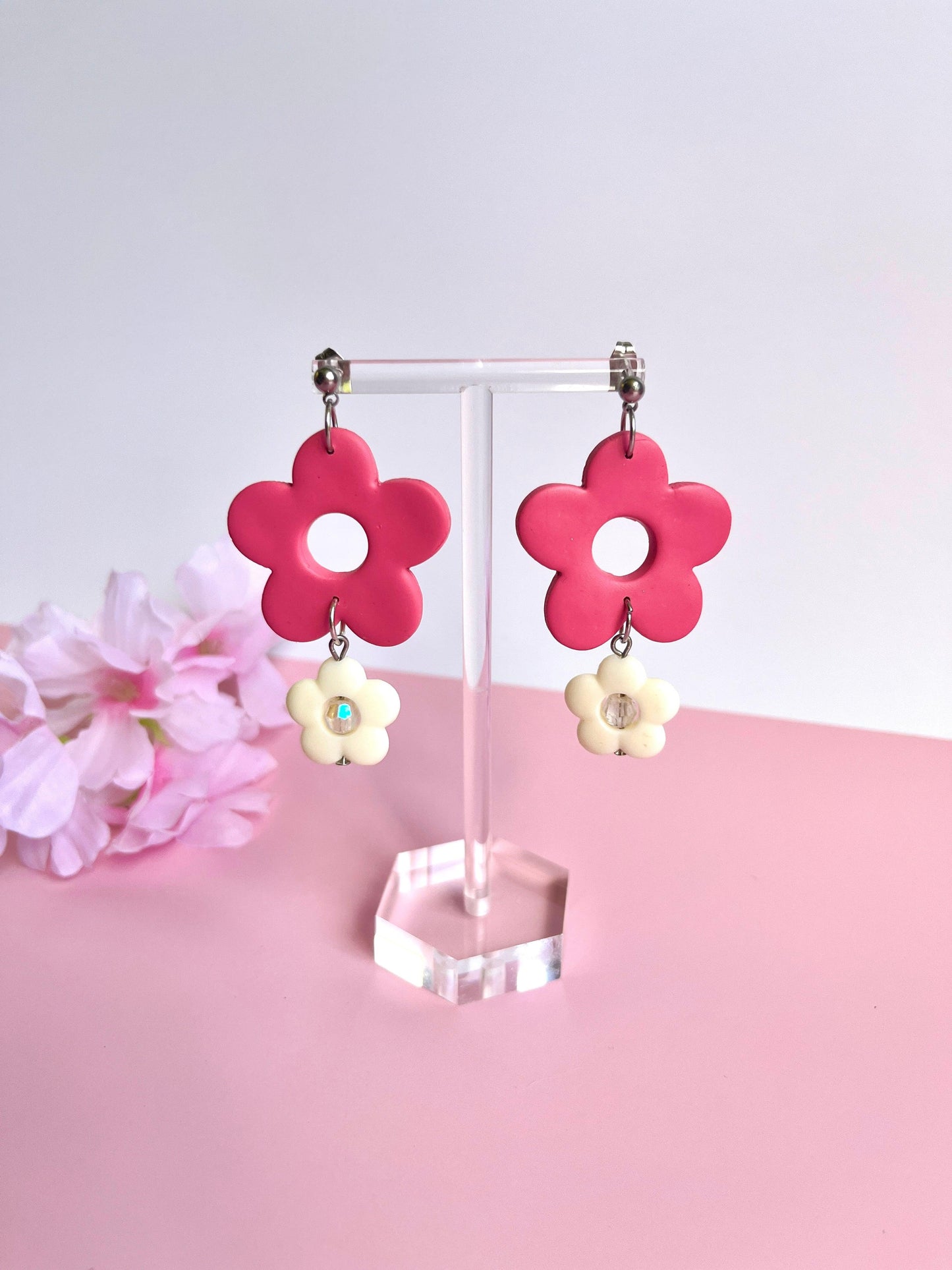 Pink Flower Power Earrings - silverstar.nz