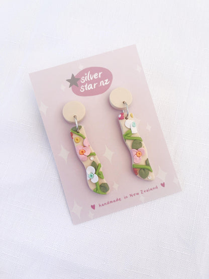 Floral Long Polymer Clay Earrings - silverstar.nz