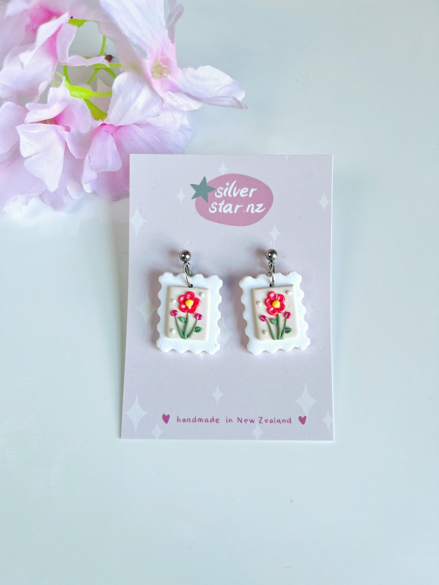 Floral Postage Stamp Polymer Clay Earrings - silverstar.nz