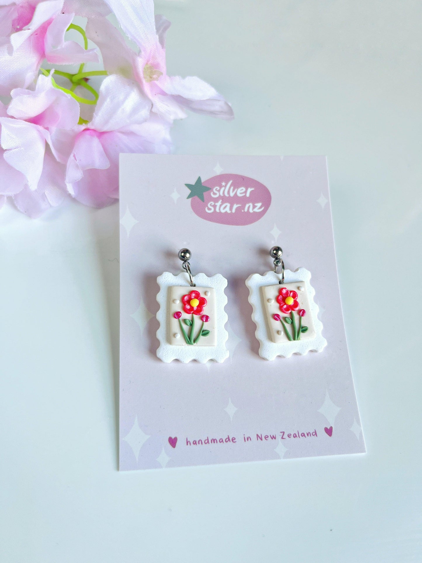 Floral Postage Stamp Polymer Clay Earrings - silverstar.nz