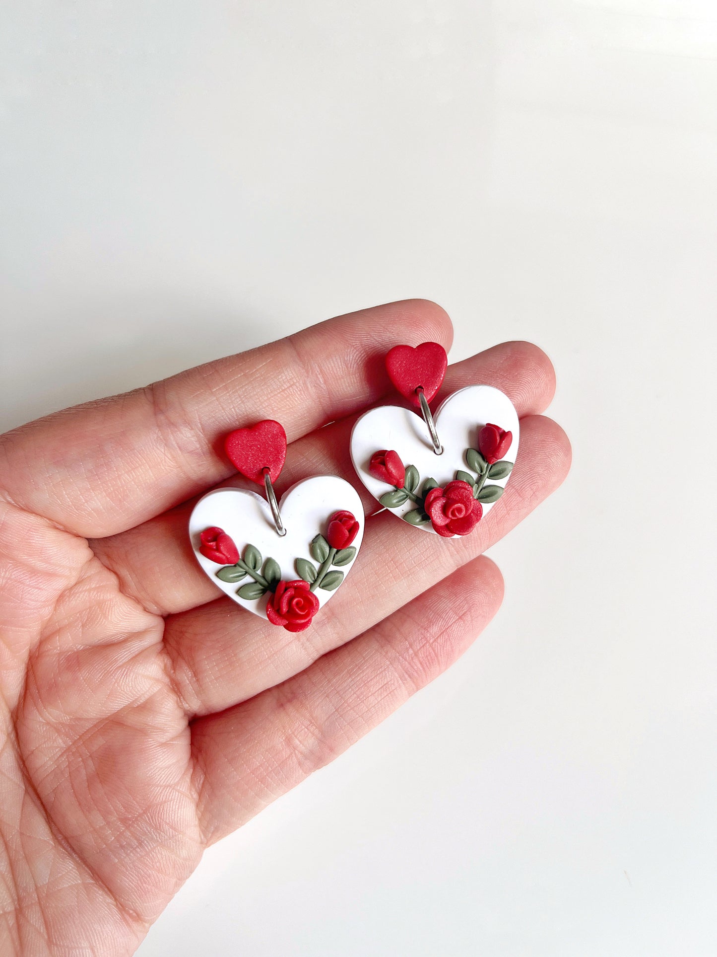 Heart Rose Floral Polymer Clay Earrings