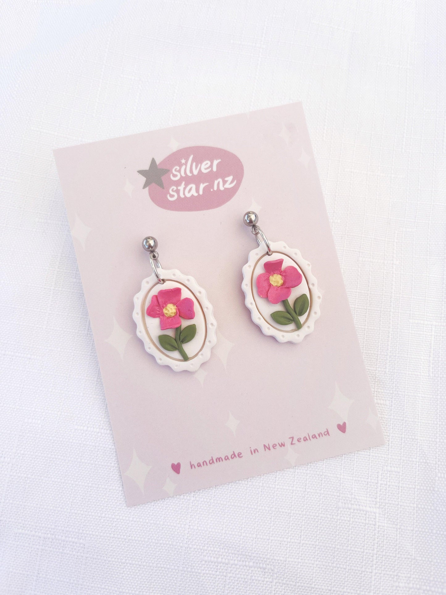 Framed Pink Flower Polymer Clay Earrings - silverstar.nz