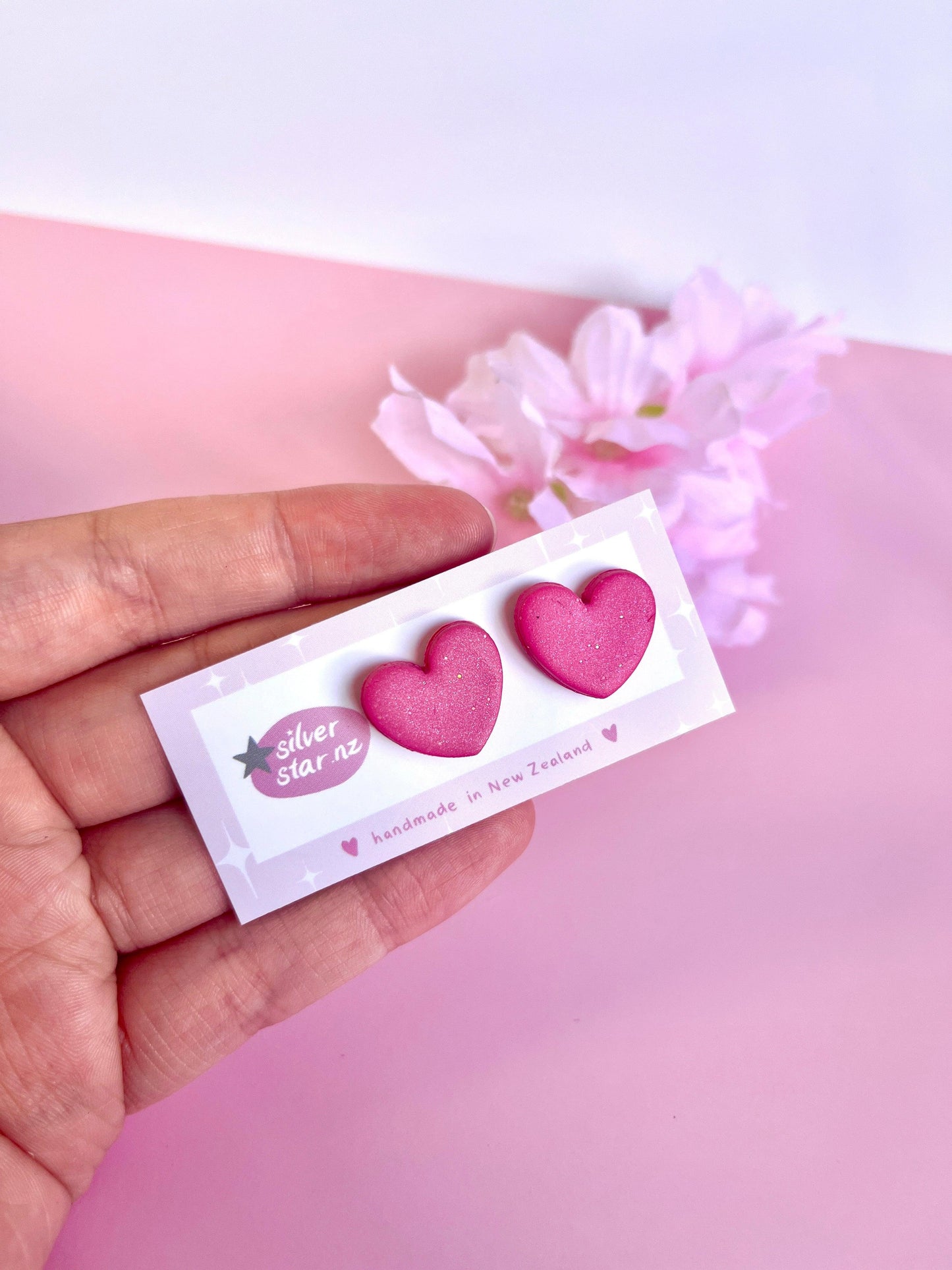 Pink Heart Polymer Clay Stud Earrings - silverstar.nz