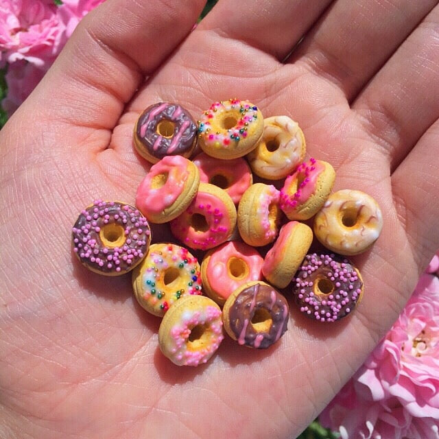 A hand holding a collection of miniature donuts, each topped with colorful icing and sprinkles. The background features soft pink flowers, adding a whimsical and vibrant touch to the scene.