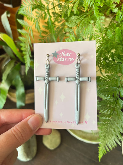 Long Silver Sword Polymer Clay Earrings