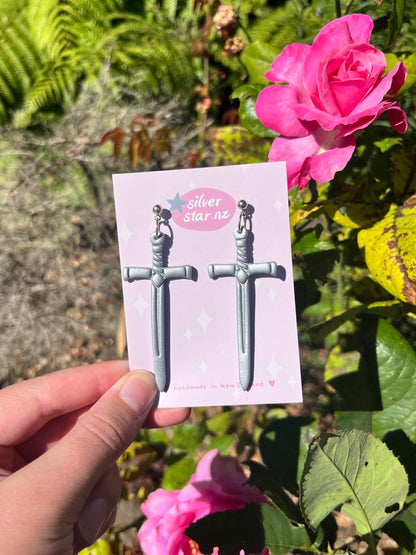 Long Silver Sword Polymer Clay Earrings