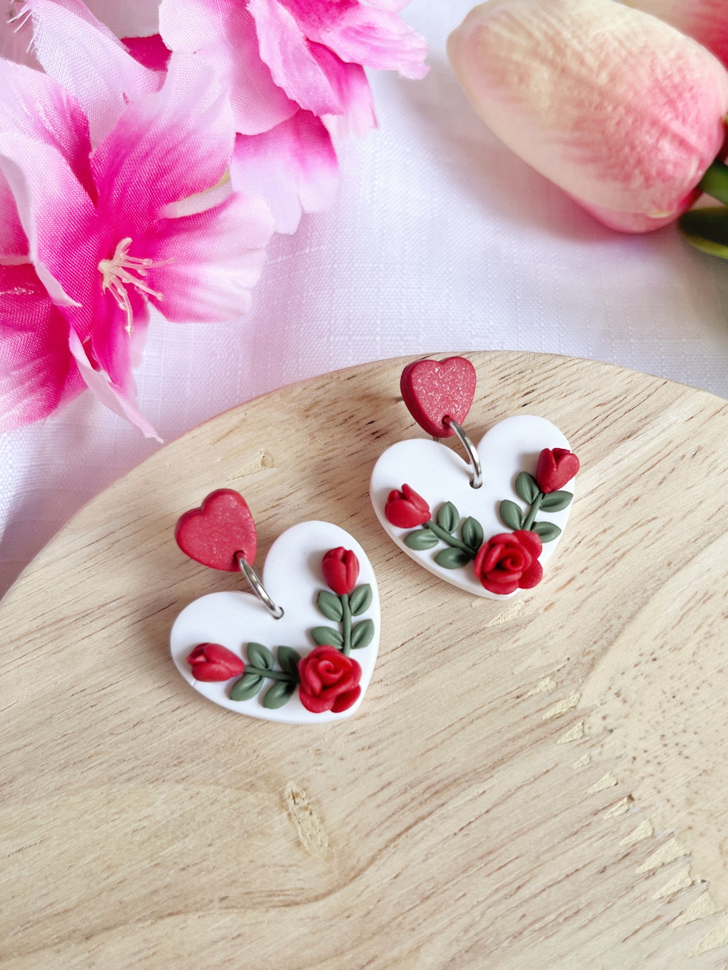 Heart Rose Floral Polymer Clay Earrings