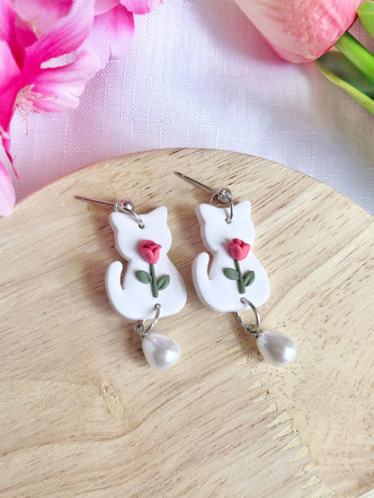 White Tulip Cat Polymer Clay Earrings