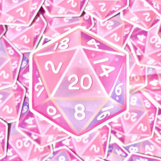 A D20 Sticker from silverstar.nz, featuring a pink and purple 20-sided die with white numbers showing the number 20 on top, is nestled among a pile of similar dice, making it perfect for any Dungeons and Dragons enthusiast's collection.